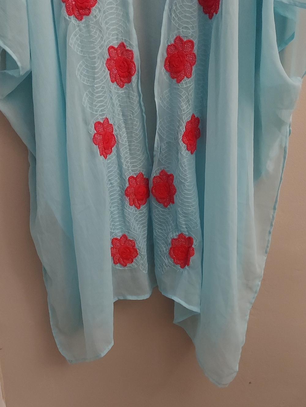 Betsey Johnson Light Blue Sheer Chiffon Kimono Cardigan Pink Floral Applique OS - Picture 3 of 12